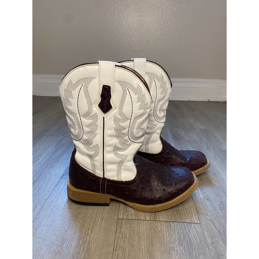 Roper Bumps Men's 7.5 Brown Faux Ostrich White Cowboy Boots Square Toe